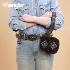 WG263-W077  Wrangler Sherpa Embroidered Aztec Dual Pouch Wristlet -Coffee