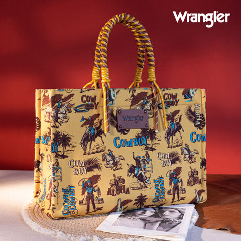 WG284D-8119  Wrangler COWBOY  Dual Sided Print Canvas Wide Tote -Beige Yellow