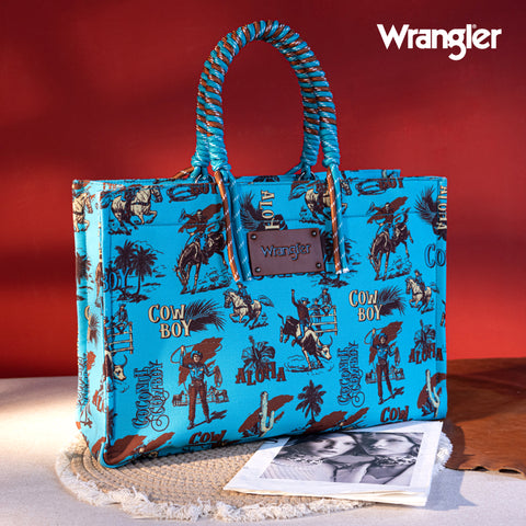 WG284D-8119  Wrangler COWBOY  Dual Sided Print Canvas Wide Tote -Turquoise