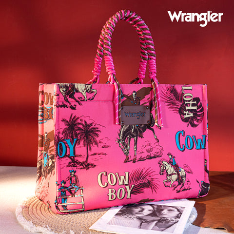 WG284D-8119  Wrangler COWBOY  Dual Sided Print Canvas Wide Tote -Hot Pink