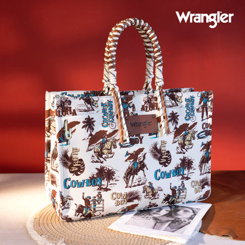 WG284D-8119  Wrangler COWBOY  Dual Sided Print Canvas Wide Tote -Beige