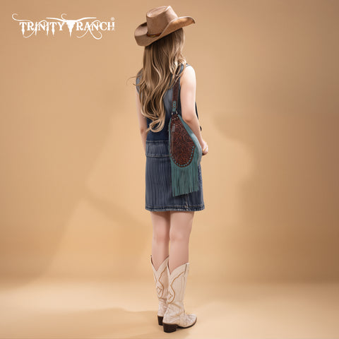 TR193-2102  Trinity Ranch Floral Tooled Fringe Sling Bag -Turquoise