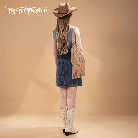 TR193-2102  Trinity Ranch Floral Tooled Fringe Sling Bag -Tan