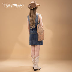 TR193-2102  Trinity Ranch Floral Tooled Fringe Sling Bag -Tan