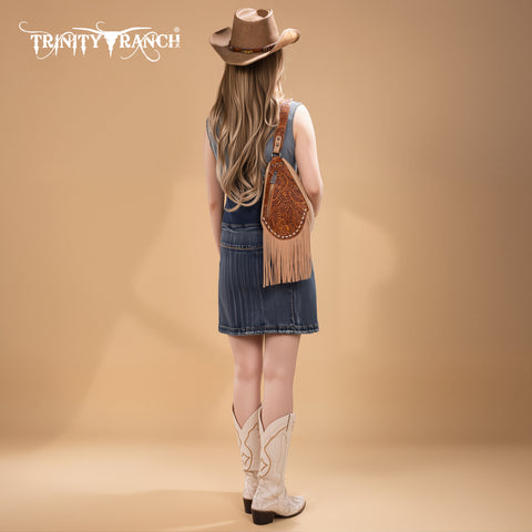 TR193-2102  Trinity Ranch Floral Tooled Fringe Sling Bag -Brown