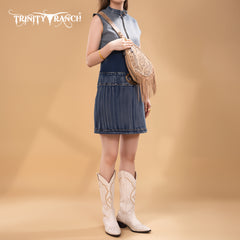 TR193-2102  Trinity Ranch Floral Tooled Fringe Sling Bag -Tan
