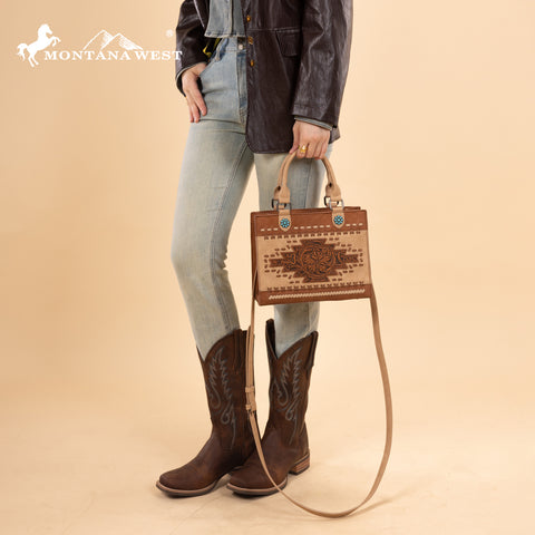 MW1356-8322  Montana West Western Tooled Aztec Tote/ Crossbody