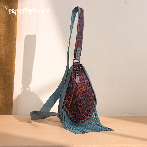 TR193-2102  Trinity Ranch Floral Tooled Fringe Sling Bag -Turquoise