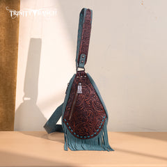 TR193-2102  Trinity Ranch Floral Tooled Fringe Sling Bag -Turquoise
