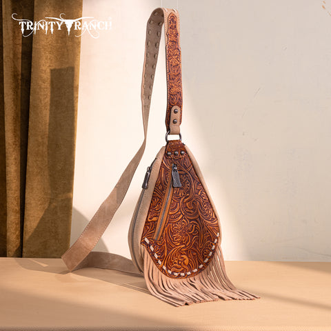 TR193-2102  Trinity Ranch Floral Tooled Fringe Sling Bag -Brown