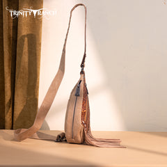 TR193-2102  Trinity Ranch Floral Tooled Fringe Sling Bag -Brown