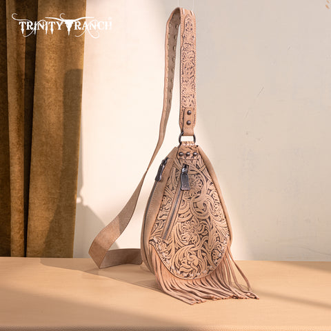 TR193-2102  Trinity Ranch Floral Tooled Fringe Sling Bag -Tan