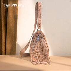 TR193-2102  Trinity Ranch Floral Tooled Fringe Sling Bag -Tan