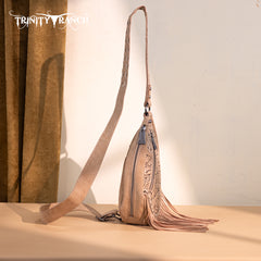 TR193-2102  Trinity Ranch Floral Tooled Fringe Sling Bag -Tan