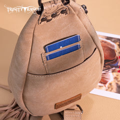 TR193-2102  Trinity Ranch Floral Tooled Fringe Sling Bag -Tan