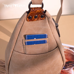 TR193-2102  Trinity Ranch Floral Tooled Fringe Sling Bag -Brown