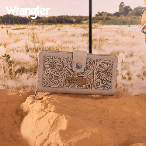 WG339-W080  Wrangler Western Floral Tooled RFID Wallet - Khaki