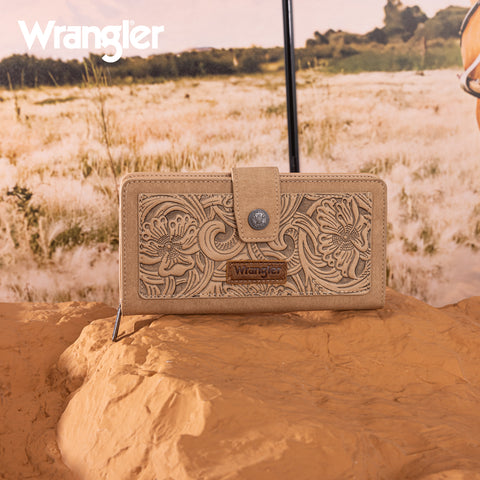 WG339-W080  Wrangler Western Floral Tooled RFID Wallet -Tan