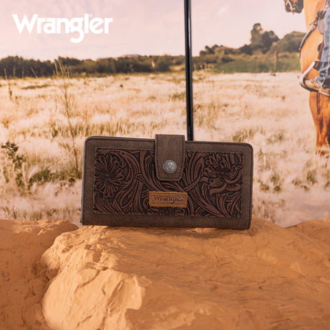 WG339-W080  Wrangler Western Floral Tooled RFID Wallet - Coffee