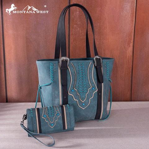 MW1280G-8317WTQ  Montana West Buckle Collection Concealed Carry Tote Wallet Set-Turquoise