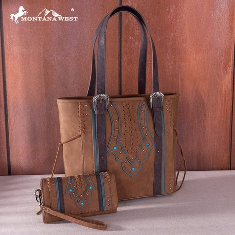 MW1280G-8317WBR  Montana West Buckle Collection Concealed Carry Tote Wallet Set-Brown