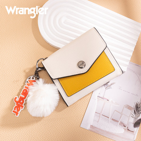 WG274-W079   Wrangler Tri-Fold Wallet with Keyring Pom Pom  - Tan-Brown