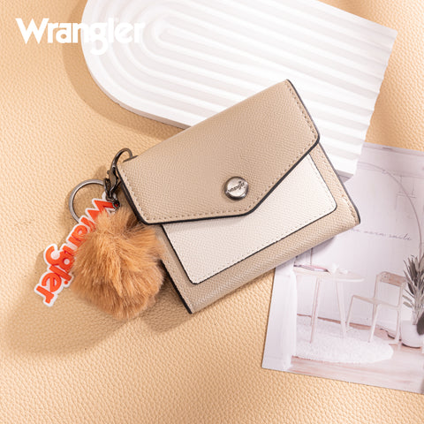 WG274-W079   Wrangler Tri-Fold Wallet with Keyring Pom Pom - Khaki-Tan