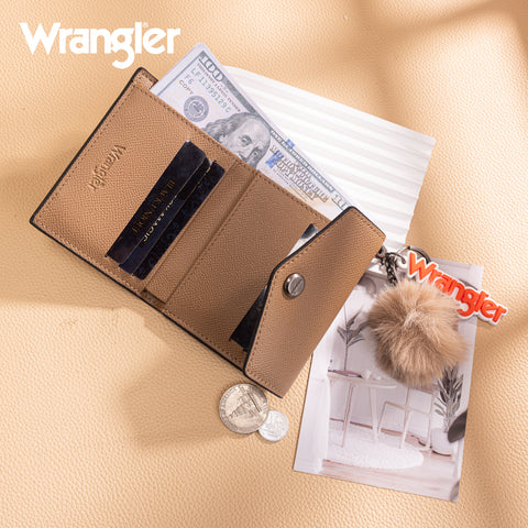 WG274-W079   Wrangler Tri-Fold Wallet with Keyring Pom Pom - Khaki-Tan