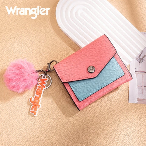 WG274-W079   Wrangler Tri-Fold Wallet with Keyring Pom Pom - Pink-Blue