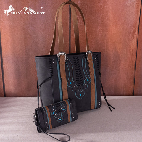 MW1280G-8317WBK  Montana West Buckle Collection Concealed Carry Tote Wallet Set- Black