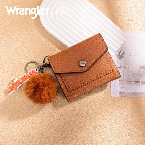 WG274-W079   Wrangler Tri-Fold Wallet with Keyring Pom Pom -Brown