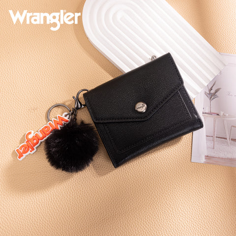 WG274-W079   Wrangler Tri-Fold Wallet with Keyring Pom Pom - Black