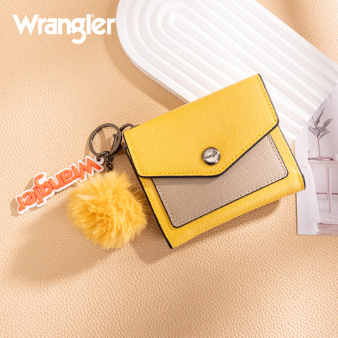WG274-W079   Wrangler Tri-Fold Wallet with Keyring Pom Pom- Yellow -Khaki