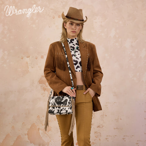 WG444-1818BK   Wrangler Cow Print Fringe Crossbody Bag -Black