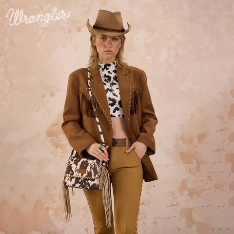 WG444-1818CF   Wrangler Cow Print Fringe Crossbody Bag -Coffee