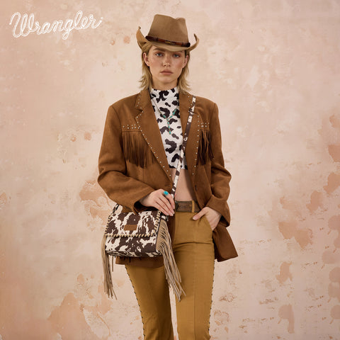 WG444-1818CF   Wrangler Cow Print Fringe Crossbody Bag -Coffee