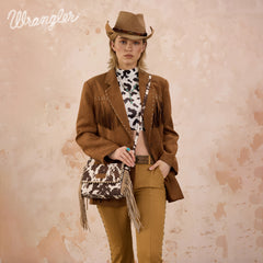 WG444-1818CF   Wrangler Cow Print Fringe Crossbody Bag -Coffee