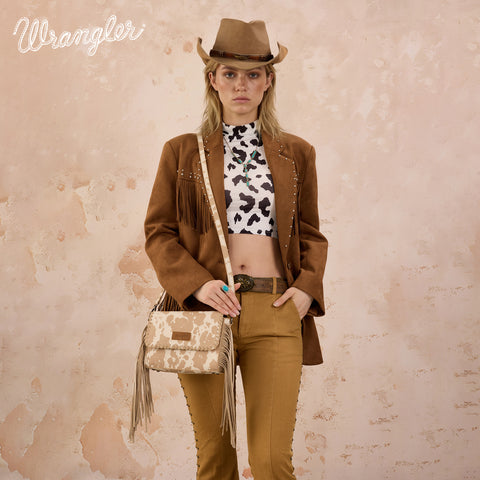 WG444-1818TN  Wrangler Cow Print Fringe Crossbody Bag -Tan