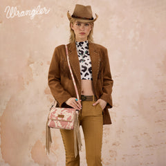 WG444-1818DPK  Wrangler Cow Print Fringe Crossbody Bag - Dark Pink