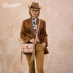 WG444-1818DPK  Wrangler Cow Print Fringe Crossbody Bag - Dark Pink