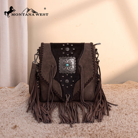 TR201-8360 Trinity Ranch  Fringe Hair-On Cowhide Crossbody - Coffee