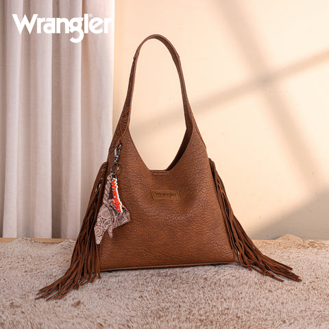 WG279-9182BR  Wrangler Fringe Floral Tooled Hobo Bag-Brown