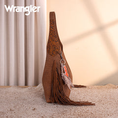 WG279-9182BR  Wrangler Fringe Floral Tooled Hobo Bag-Brown