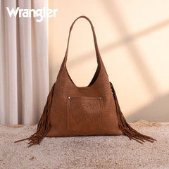 WG279-9182BR  Wrangler Fringe Floral Tooled Hobo Bag-Brown