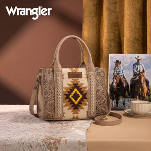 WG226-8120 Wrangler Tooled Aztec Pattern Print Concealed Carry Tote/Crossbody - Tan