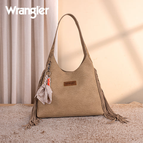 WG279-9182TN  Wrangler Fringe Floral Tooled Hobo Bag-Tan