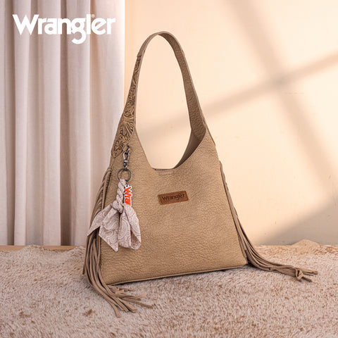 WG279-9182TN  Wrangler Fringe Floral Tooled Hobo Bag-Tan