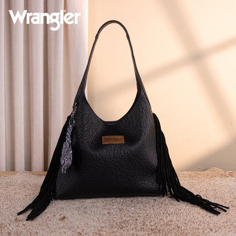 WG279-9182BK  Wrangler Fringe Floral Tooled Hobo Bag-Black