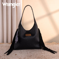 WG279-9182BK  Wrangler Fringe Floral Tooled Hobo Bag-Black