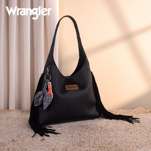 WG279-9182BK  Wrangler Fringe Floral Tooled Hobo Bag-Black